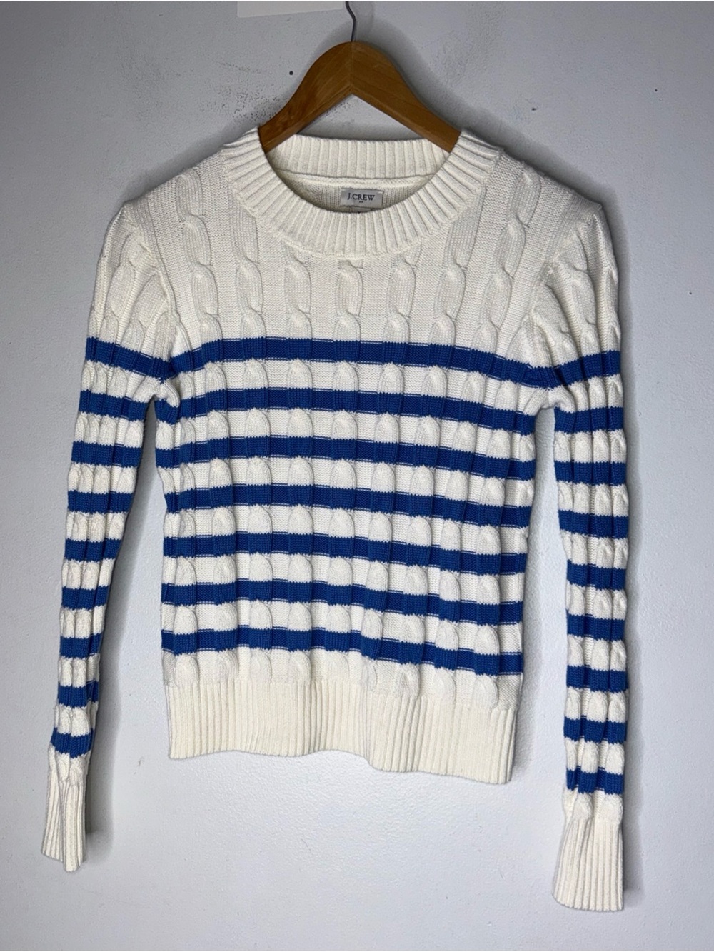 J Crew Factory White Blue Stripe Cotton Cable Knit Sweater XS Nautical Preppy